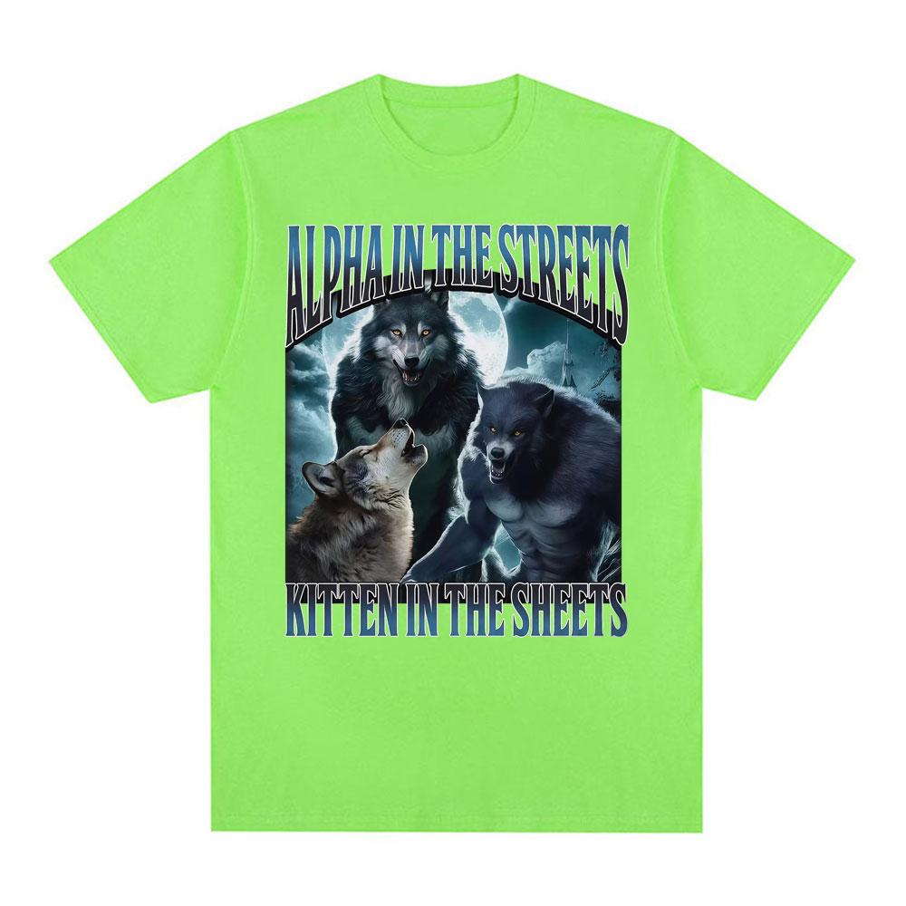 Alpha in den Straßen Kätzchen im Bett T-Shirt Lustige Werwolf Meme T-Shirts Unisex Damen Lässiger Komfort Baumwolle Übergroßes T-Shirt