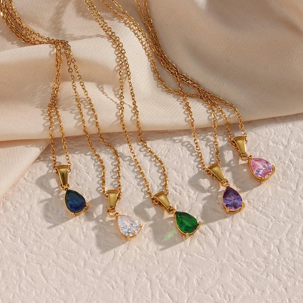 Dreamshow Colorful Water Drop Zircon Necklace Gold Plated Stainless Steel Necklace Design Jewelry