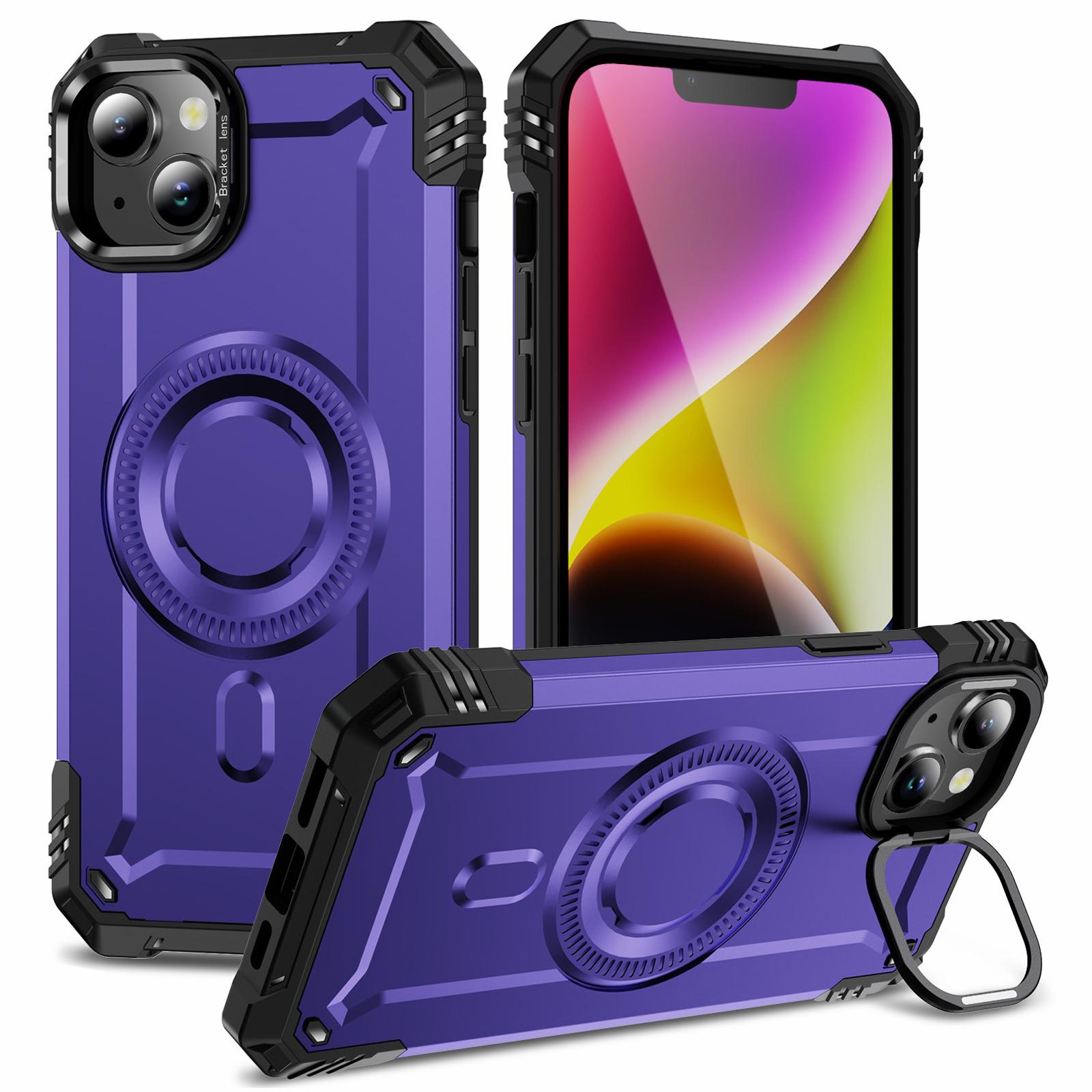 

For iPhone 14 Case Compatible with MagSafe Metal Lens Frame Kickstand PC+TPU Mobile Cover Purple