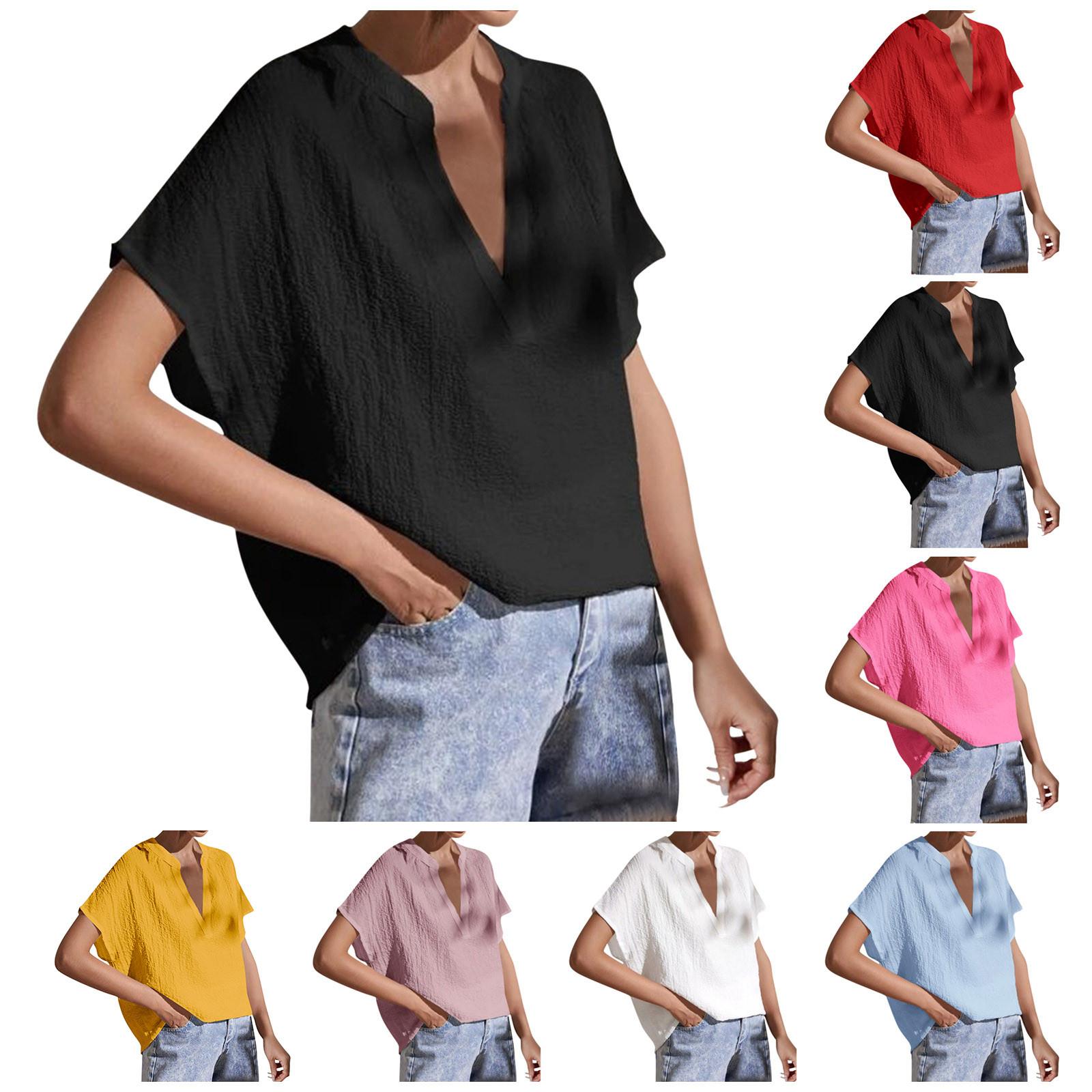 

Женская хлопковая льняная футболка с V-образным вырезом однотонная свободная летняя футболка с коротким рукавом оверсайз блузка