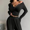 Women's 2 Piece Lounge Sets Long Sleeve Button Up Crop Top Wide Leg Pants Matching Outfit Casual Fall Spring Tracksuits