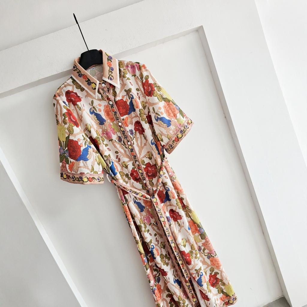 Exotic Temperament Floral Linen Shirt Skirt Girl, Summer Positioning Printed Dress Vacation Socialite Long Dress
