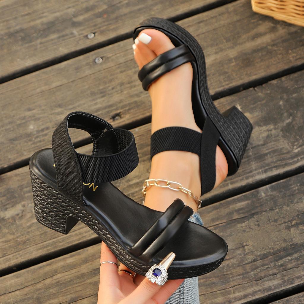 Women's Elastic Band Chunky Platform Sandals Black Wedge Heel Sandals for Women Summer Thick Bottom Non Slip Beach Shoes