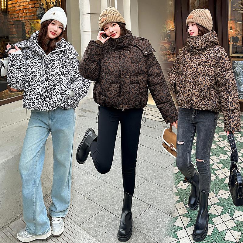 Women's Short Leopard Print Hooded Winter Jacket