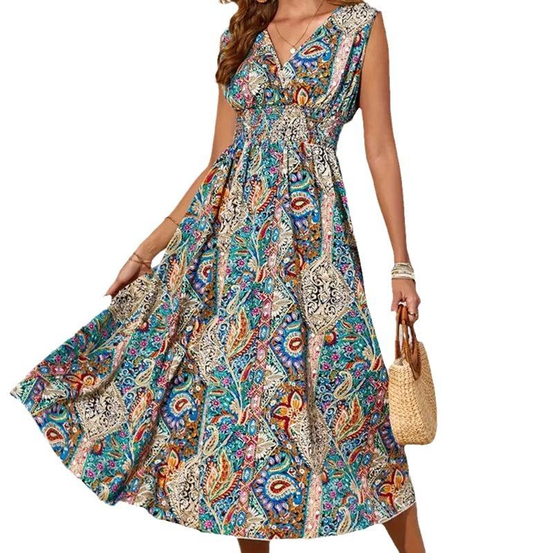 Ins Cross-border Foreign Trade Women's Printed V-Neck Sleeveless Dress Spring and Summer Women's Design Sense Contrast Color Wrap Long Dress Skirt