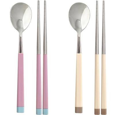 Diyou Sangsang&Stainless Steel Korean Junior Cutlery Set for 2, Pink, Ivory, 2 Types of Spoons + 2 Types of Chopsticks, 1 Set