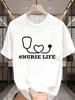 Unisex Summer Cotton Short Sleeve T Shirt Stethoscope Heart Nurse Life Print Crew Neck Casual Loose Medical Profession Fashion Tee
