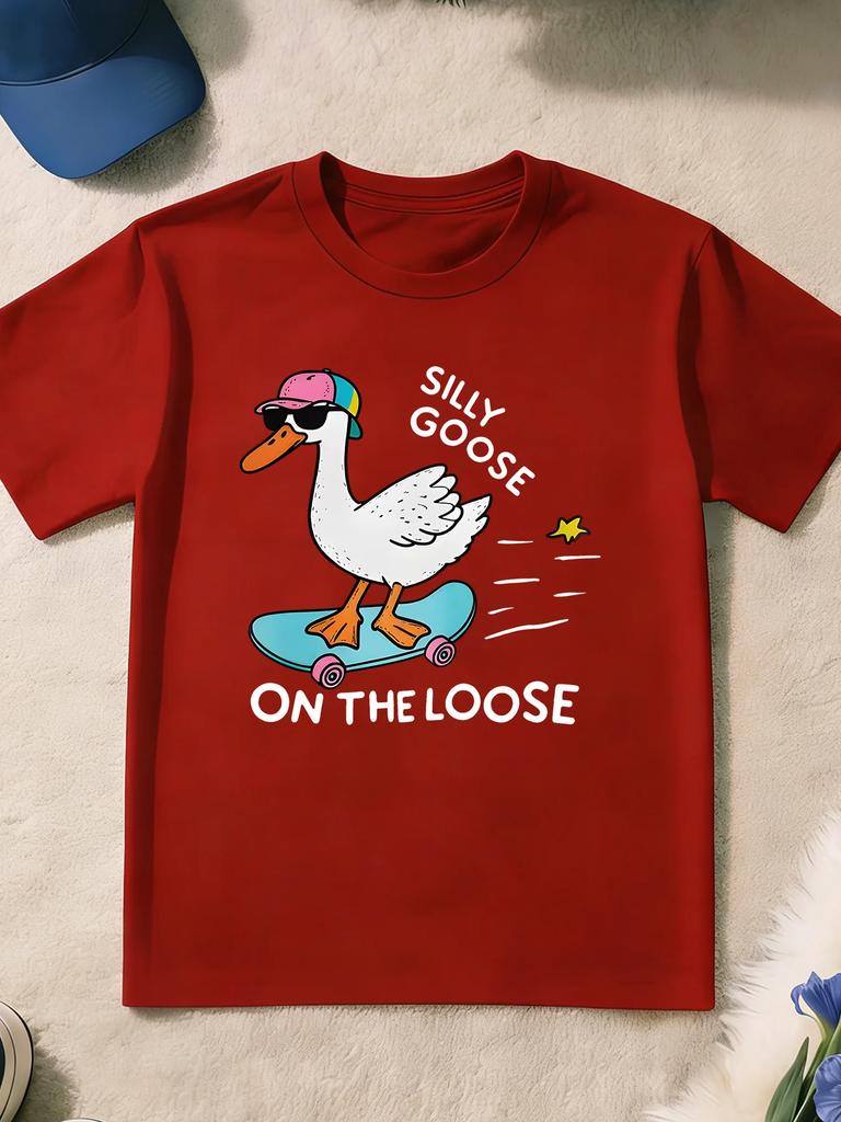 Silly Goose On The Loose Skateboarding Goose Graphic Kids Short Sleeve T-shirt Funny Cartoon Animal Print Casual Daily Tops