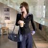 Korean college style fake two-piece spliced plaid polo lapel long-sleeved bottoming shirt autumn and winter new slim top for women