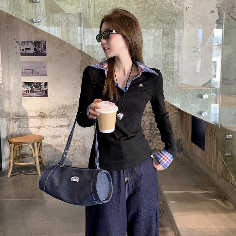 Korean college style fake two-piece spliced plaid polo lapel long-sleeved bottoming shirt autumn and winter new slim top for women