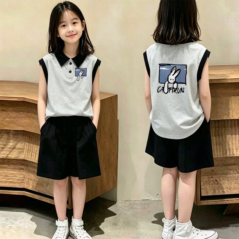 Girls' Trendy Color Block Sleeveless Polo Set - Casual Summer Two-Piece for Ages 6-12