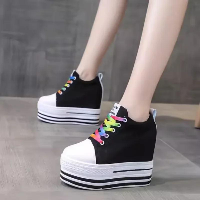 Fashion 10CM Heels Wedge Canvas Shoes Woman High Platform Sneakers Vulcanized Shoes Hidden Heel Height Increasing Casual Shoes