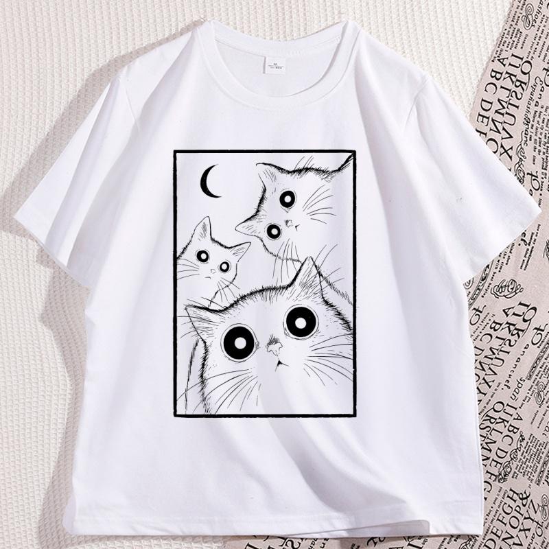 Vintage Black Cat Moon Tshirt Funny Cats Crewneck Retro Kitten  T Shirt Gothic Witchy Cat Lover Tshirt Streetwear Clothing