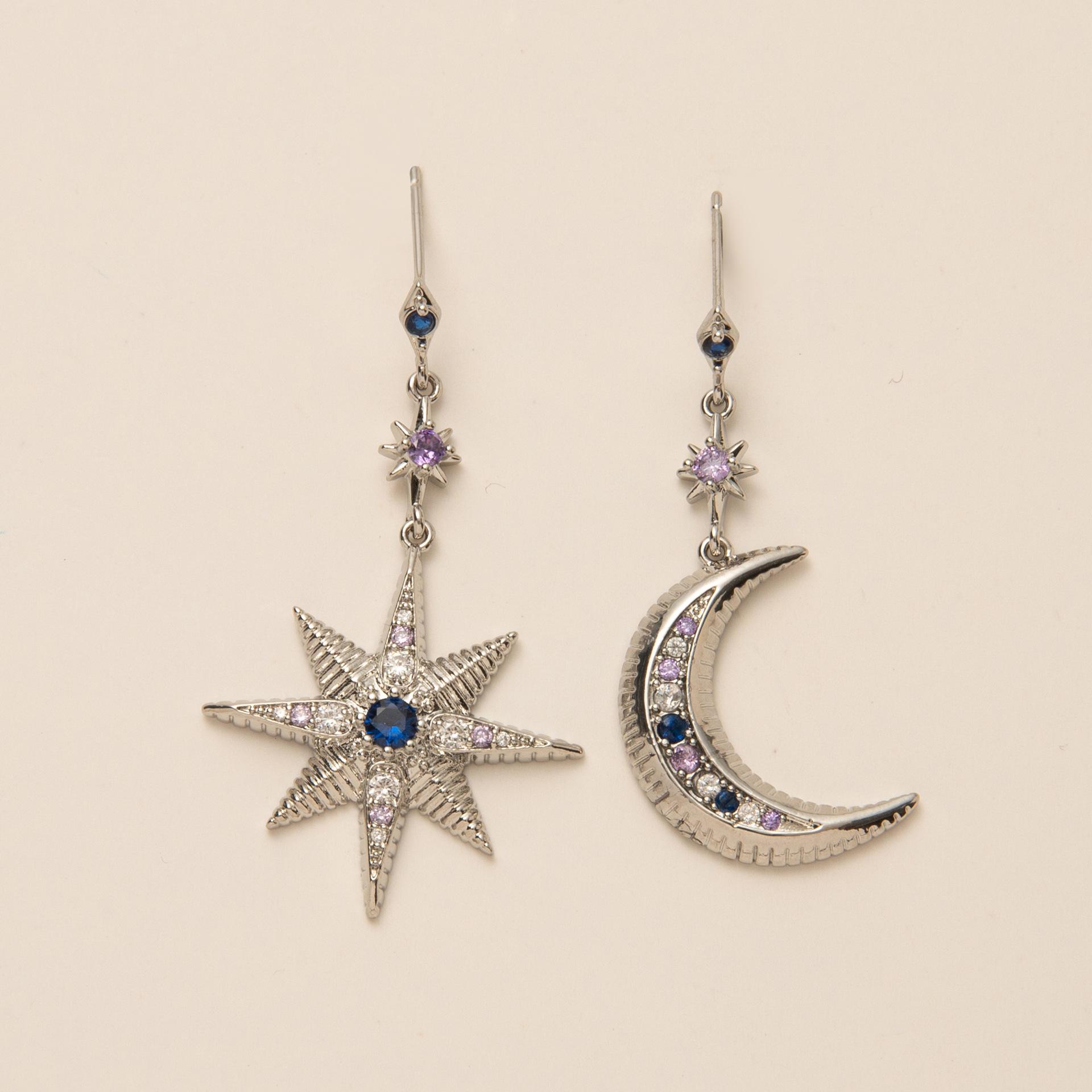 Star Moon Asymmetrical Earrings Niche Color Zircon Star Moon Earrings Female фото