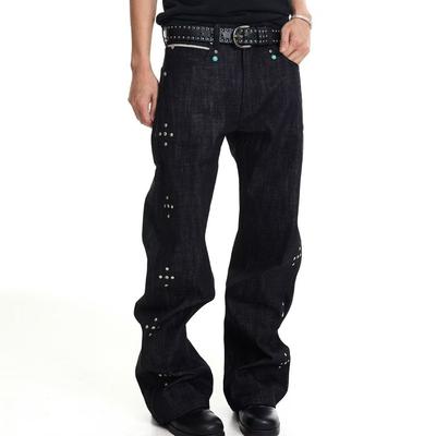 Jeans Men's and Women's Summer New Hand Hammer Nails, Black Rivets, Original Stacked Mid-waist Casual Trousers, Fashionable Design Sense