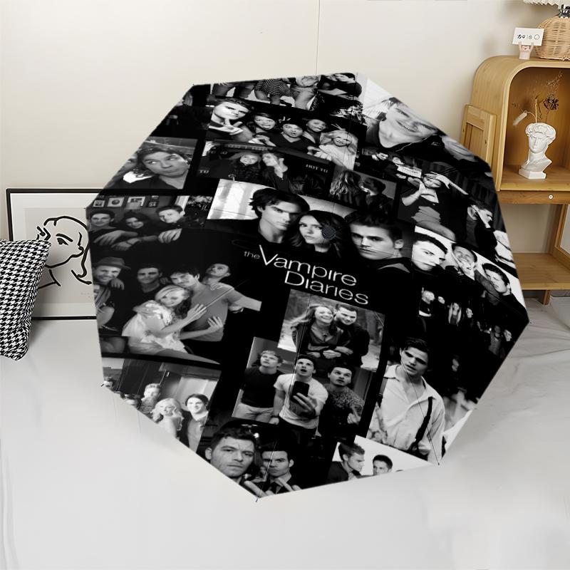 Parapluie Automatique Imprimé The Vampire Diaries, Structure en Fer à 8 Baleines, Poignée en Plastique, Convient pour les Voyages en Plein Air et le Quotidien, Cadeau Idéal