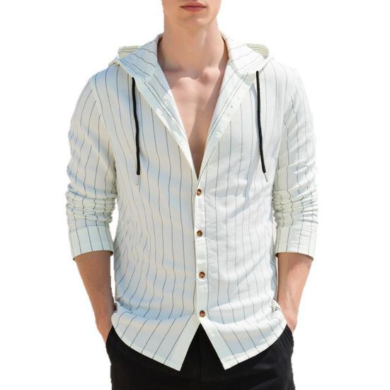 Men Stripe Hooded Shirt Linen Long Sleeve Button Down Shirt