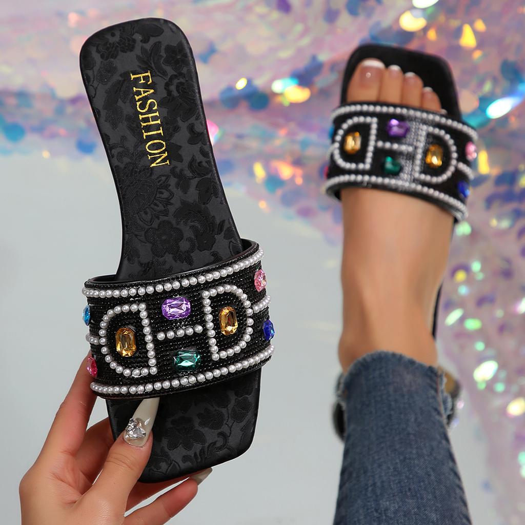 Hausschuhe Damen Strass Breiter Riemen Quadratische Zehen Hausschuhe Flip Flops Flache Sandalen Damen Hausschuhe Schuhe Weiblich Bling Luxus