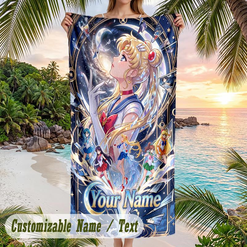 Sailor Moon Beach Towel, Personalized Custom Name Text, Quick Dry Large Absorbent Towel For Beach Pool