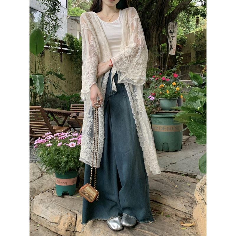 Kumikumi Stylish Heavy Industry Crochet Embroidery Long Sleeves Shirt Cardigan Women Fall Thin and All-Matching Sun Protection Top