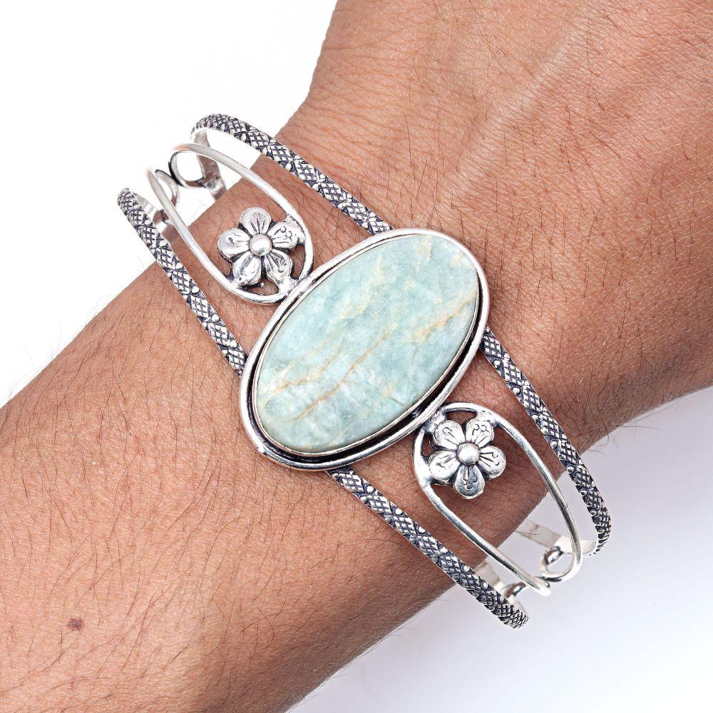 Amazonite Drusy Gemstone Handmade Silver Jewelry Cuff Bracelets 7''Adjustable