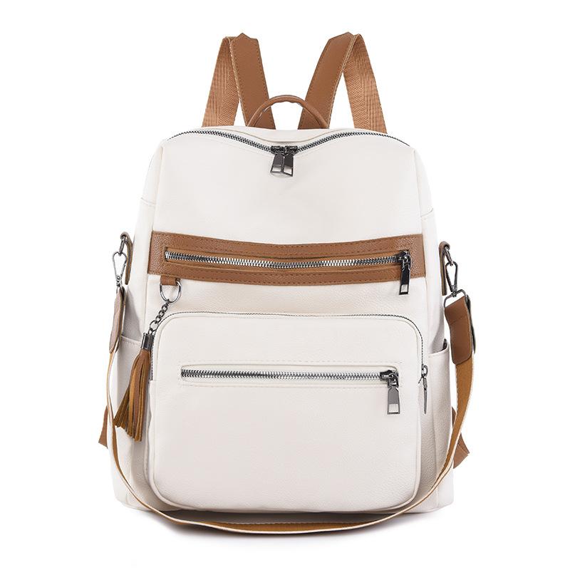 Contrast Color Women Soft Leather Tassel Backpack Simple Outdoor Travel Backpack