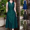 Women Summer Dress Single-breasted Sleeveless Solid Color Pockets Buttons A-line Mid-calf Length V Neck Tight Waist Lady Midi Dress