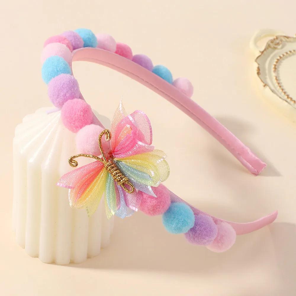 Cute Rainbow Butterfly Hair Bands 1pcs Princess Headband with Sweet Plush Ball for Baby Girls Soft Hair Hoop Headwear Accessory