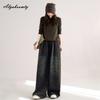 Korean Fashion Autumn Winter Women Wide Leg Jeans High Waist Floral Print Baggy Denim Trousers Elegant Vintage Plus Size Ladies' Jeans