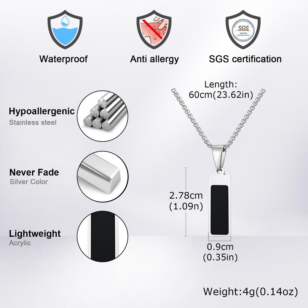 Black Acrylic Rectangular Pendant Necklace for Men,Waterproof Stainless Steel Vertical Necklace,Trendy Casual Jewelry Gift
