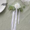 All In One Car Decoration Wedding Door Handle Flower with Ribbon Tie And Green Leaves, White Artificial Full Set Trim Rose Rearview Mirror Bouquet for