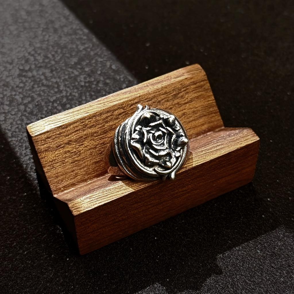 Retro Dark Rose Adjustable Open Ring For Men Silver-plated Copper Gothic Punk Edgy  Vintage Floral Accessories Cool Gift