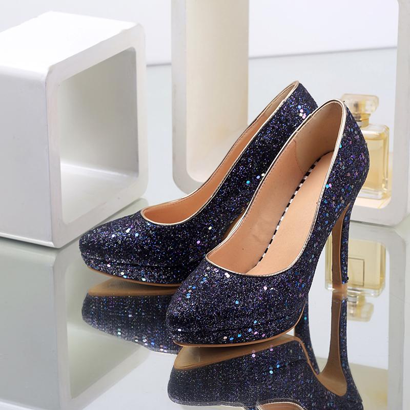 Women's High-heeled Single Shoes Fashion Sequined Banquet Wedding Shoes Waterproof Table Fine Heel Shallow Mouth Large Size Four-season Shoes