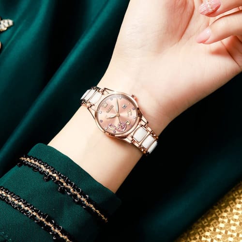 OLEVS Women's Watch, Pink, Cute, Popular, Waterproof, Luminous, Rose Gold, Japanese Movement, Bracelet Included, Ceramic, Easy to Read, Date