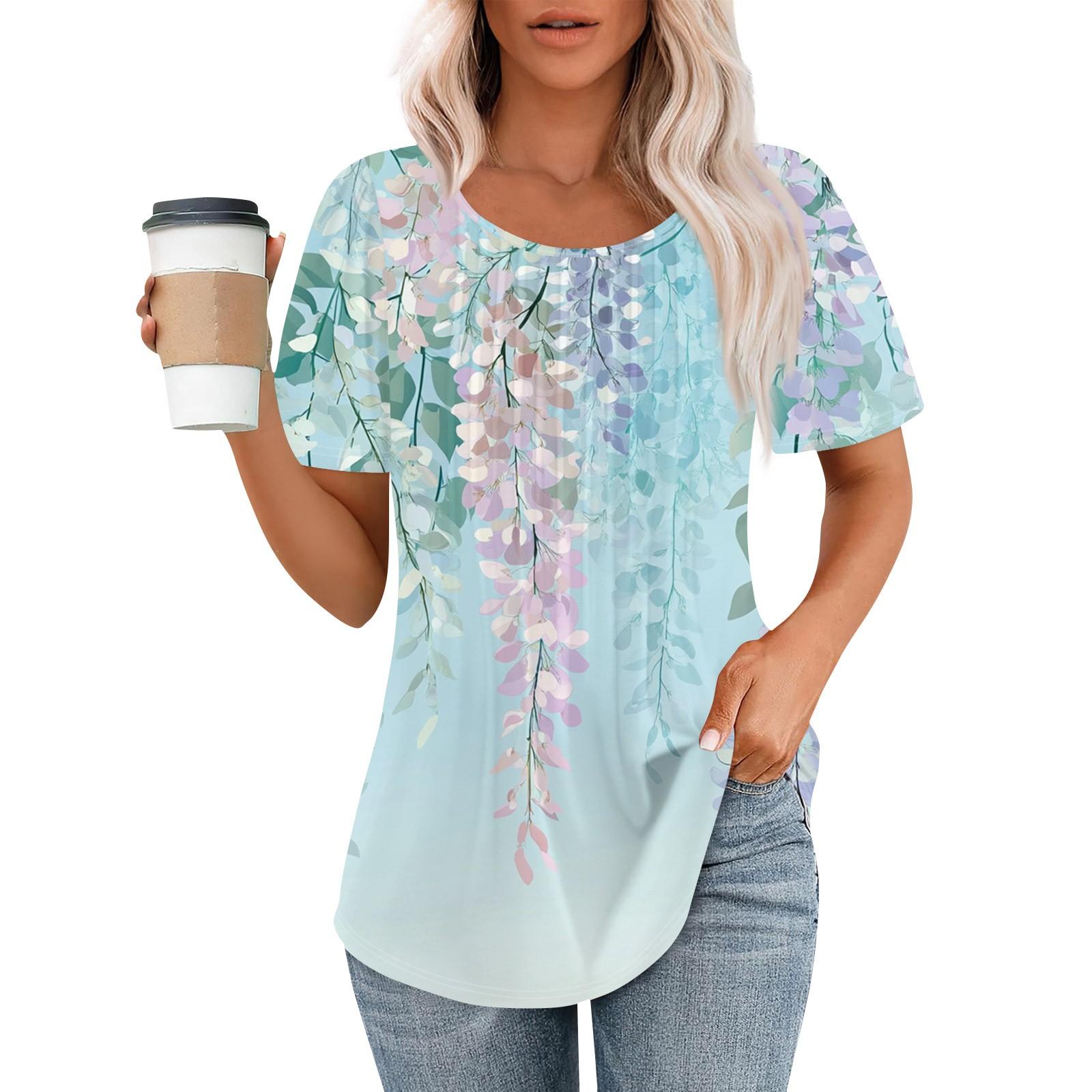 

Женская модная повседневная плиссированная футболка в полоску с круглым вырезом и цветочным принтом с короткими рукавами, топ L синий