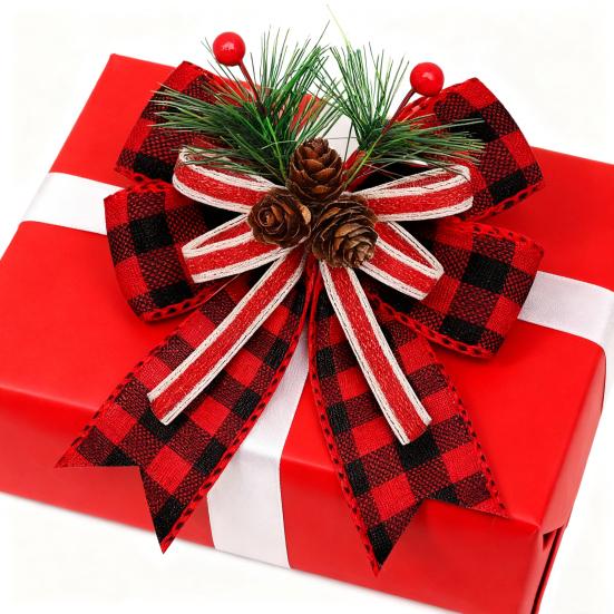 Christmas Burlap Plaid Bow with Pine Cones Pine Needles Large Buffalo Plaid Bow Xmas Wreath Checkered Bow for Holiday Crafts Home Party Tree Decor