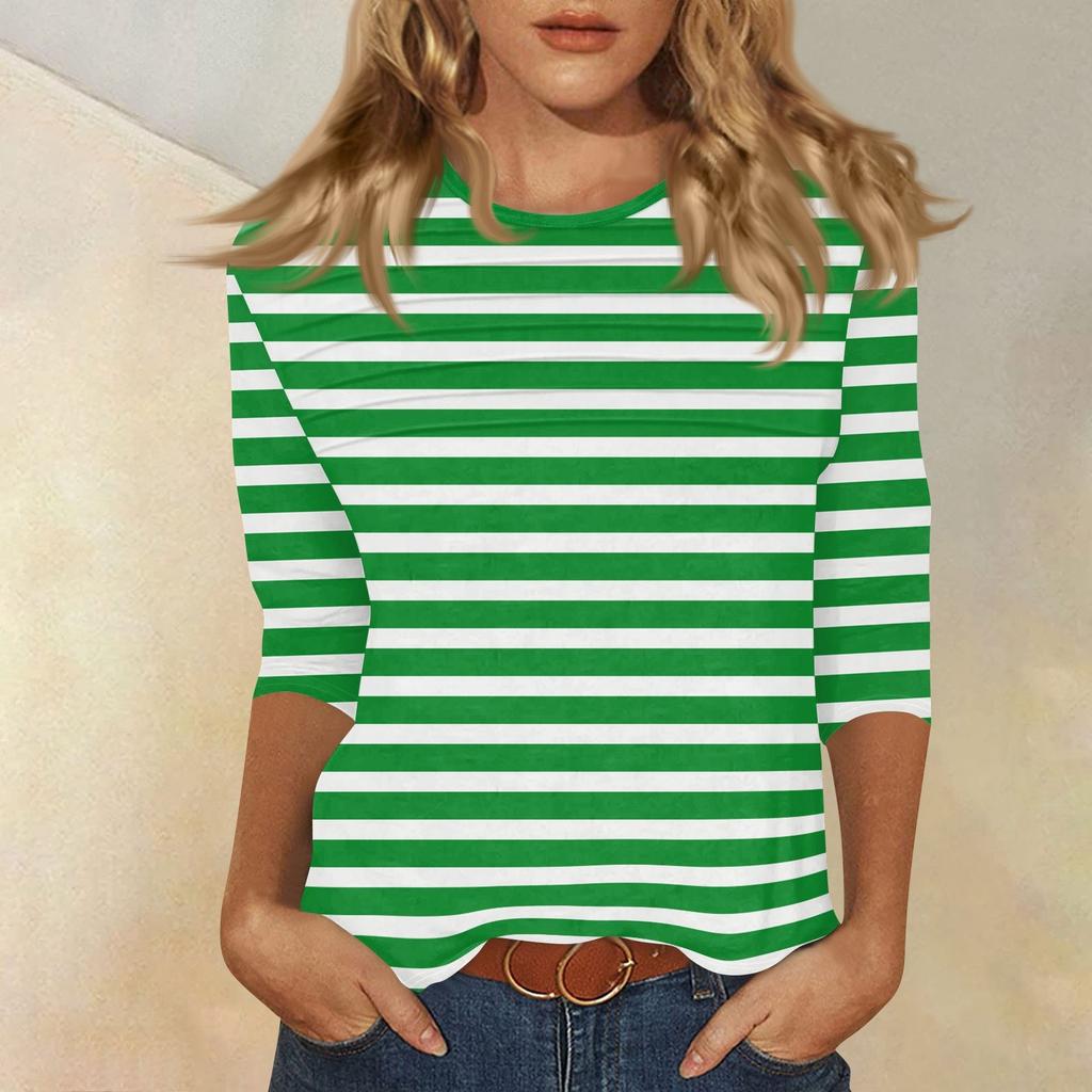 Women's O-neck 3/4 Sleeve Striped  Print Top