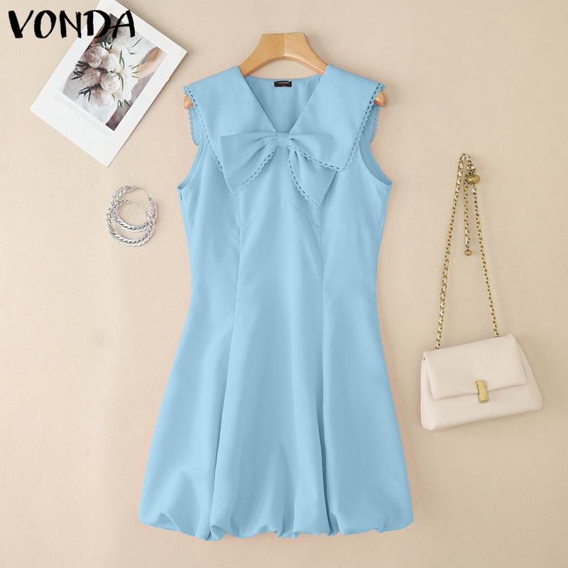 

VONDA Женское платье без рукавов, повседневное, с V-образным вырезом, бантом, вязаной крючком отделкой, оборками, мини-платье 5XL синий
