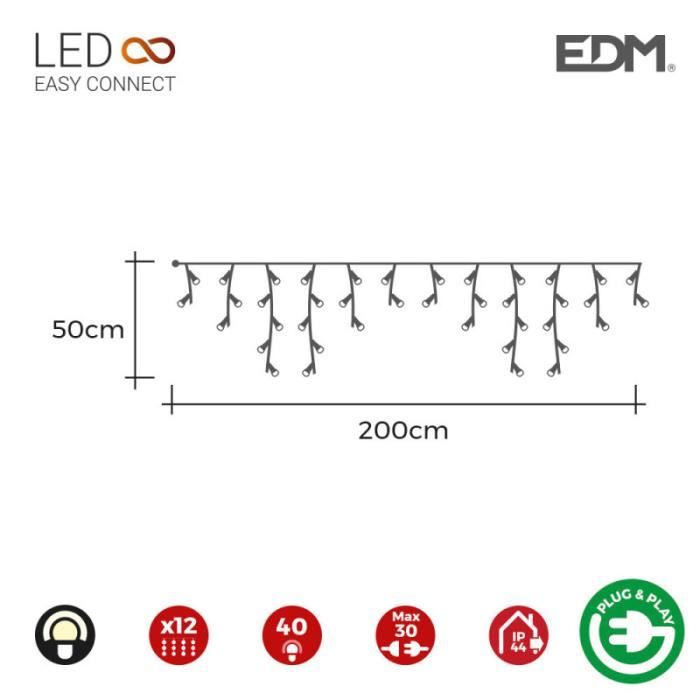 Cortina de carámbanos con programador easy-connect 2mts x 0,5mts 12 tiras 40leds blanco cálido edm