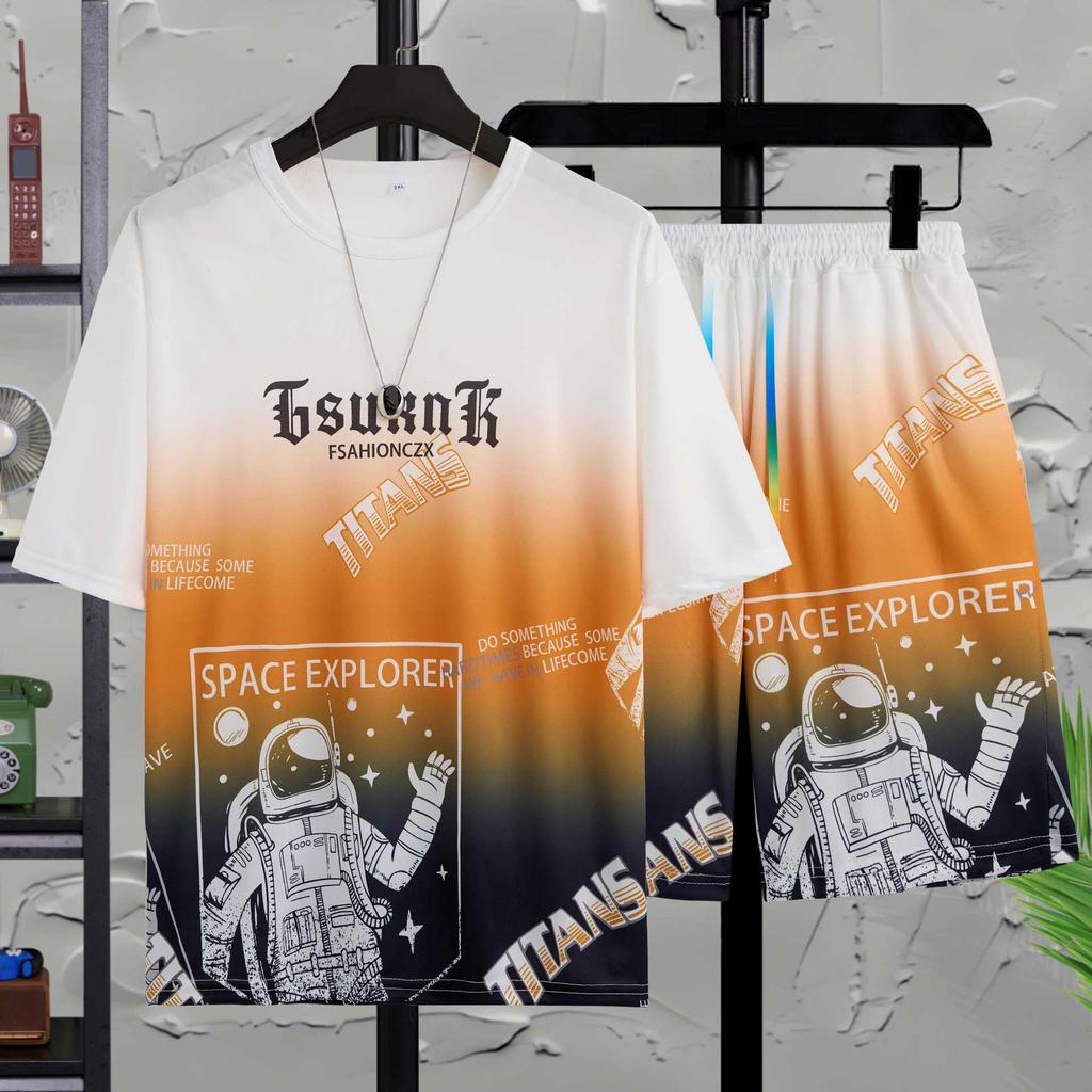 Men's Gradient Ice Silk Two-Piece Set: Short Sleeve & Shorts Summer Sportswear.