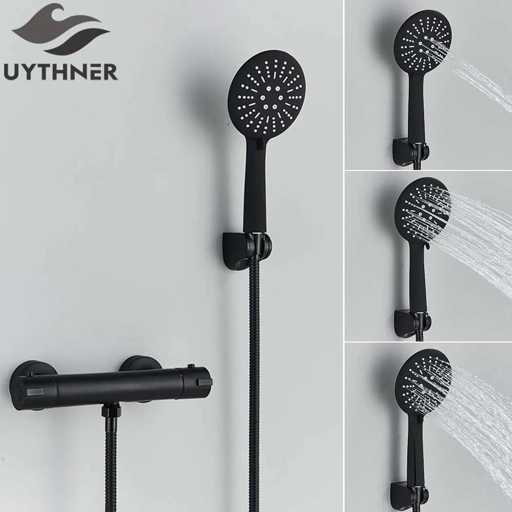 Thermostatic Shower Set Black/Chrome Brass Wall Mounted Bathroom Shower Thermostat Mixer Valve Handle Spray Bathroom Accessories