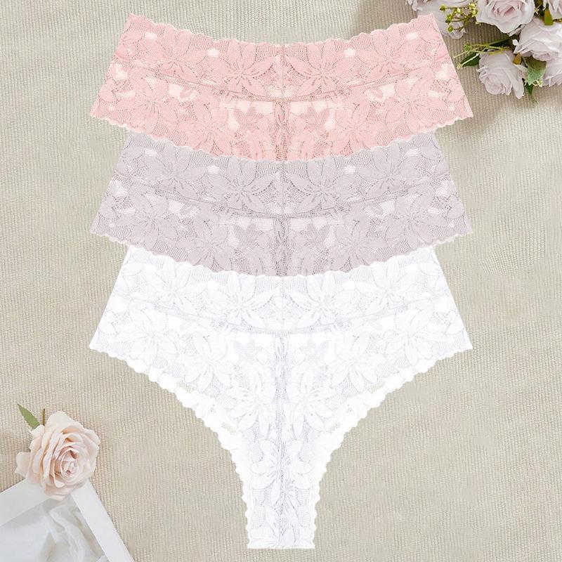 3Pcs/Set Women's High Waist Panties Ladies Sexy Lace Hollow Out Thong Breathable Transparent G-strings Solid Color Soft Lingerie