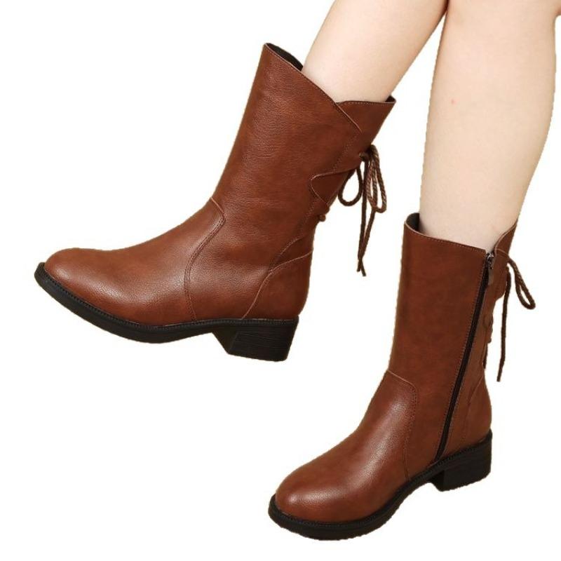 Medium Boots Women's Leather Boots Soft-soled Velvet Winter New Martin Boots Medium Heel Non-slip Thick Heel Boots