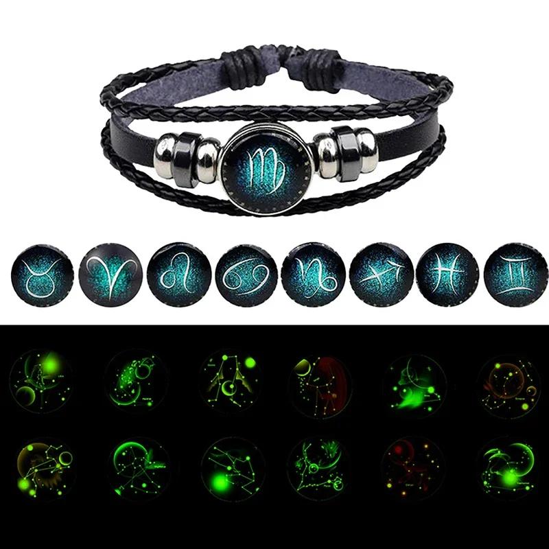 12 Constellation Luminous Bracelet Men Women Couple Multi-Layer Handmade Woven PU Rope Charm Bracelet Wristband Jewelry Gifts