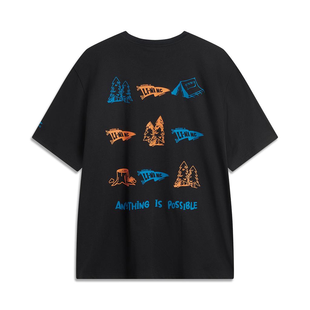 Li-Ning Comfortable Letter Print Round Neck Loose Short Sleeve T-Shirt Men Tops Black AHSV365-1