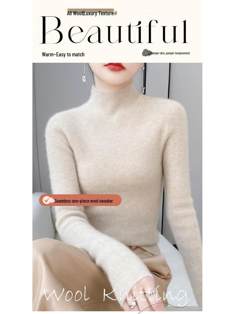 Women’s 2025 Autumn/Winter Pure Wool Sweater, Half-High Neck, Ribbed, Slim-Fit, Figure-Flattering with Cashmere Inner Layer