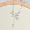Mylove Women's Silver Stainless Steel Tassel Necklace with Butterfly Knot and Zircon Trendy Link Chain for Gift