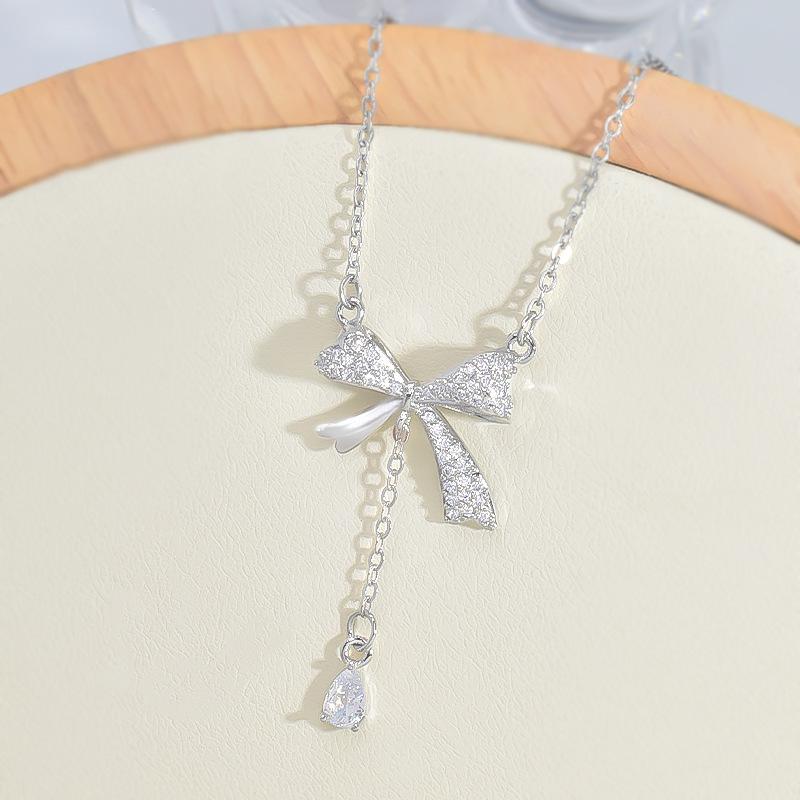 Mylove Women's Silver Stainless Steel Tassel Necklace with Butterfly Knot and Zircon Trendy Link Chain for Gift