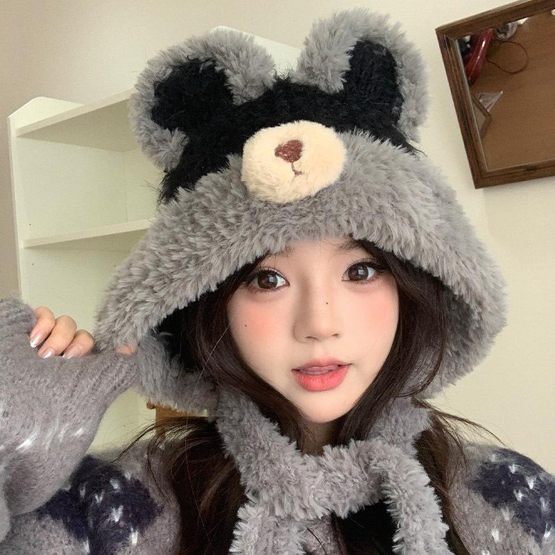 Niedliche Bären Plüschmütze Damen Winter Gesicht zeigend Japanischer Stil Warm Pelzig Ohrenschutz Schnürung Gestrickte Ohrenschützmütze