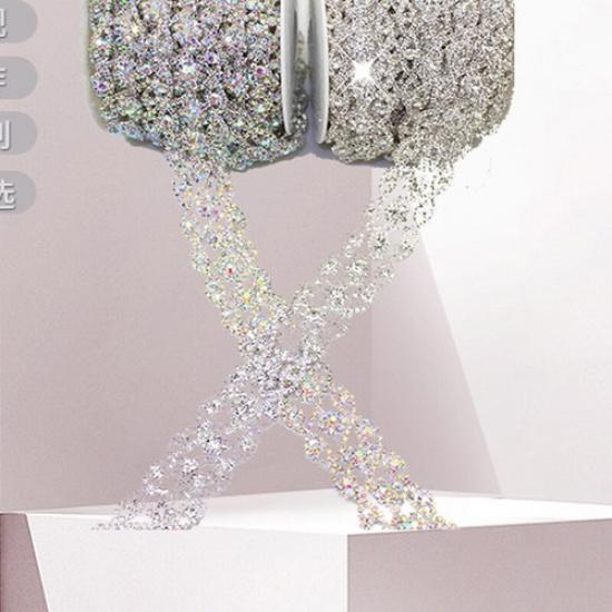 3cm Wide Rhinestone Ribbon Trim Flower Applique Crystal Beaded Trimming Diamante